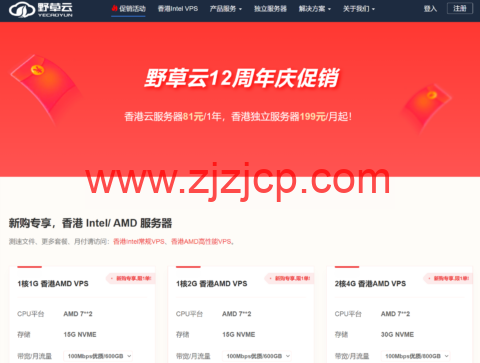 #12 周年促销#野草云：香港 AMD 系列 VPS 年付 81 元起，香港独立服务器 199 元/年起